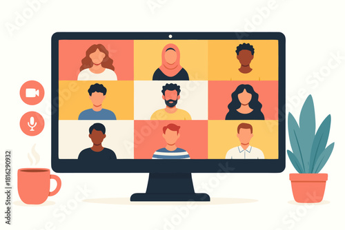 Connect with diverse colleagues in a modern virtual meeting on a sleek monitor, while enjoying coffee, fostering collaboration and team growth