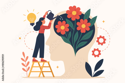 Cultivating growth mindset, woman nurturing creative ideas inside mind, promoting learning, mental health, inspiration and knowledge