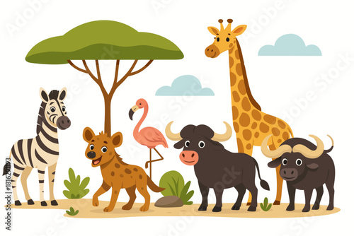 Adorable African animals gathering near watering hole, creating a playful savanna scene perfect for children's books and educational materials