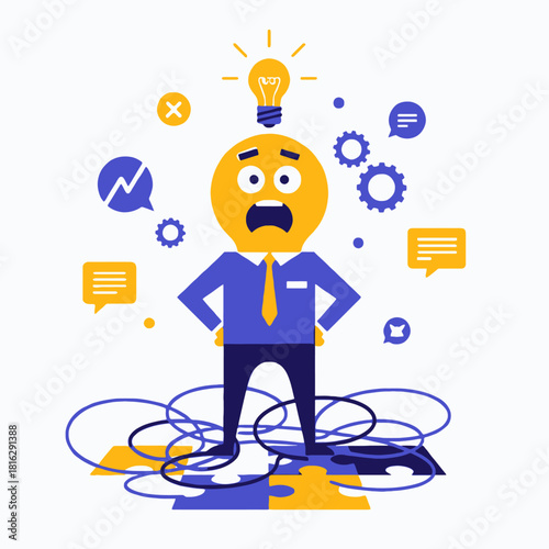 Stressed businessman cartoon character with a lightbulb idea, surrounded by gears, charts, and tangled problems.