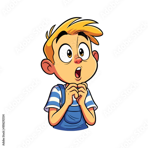 Cartoon illustration of a young boy with blonde hair looking surprised or shocked, hands clasped.