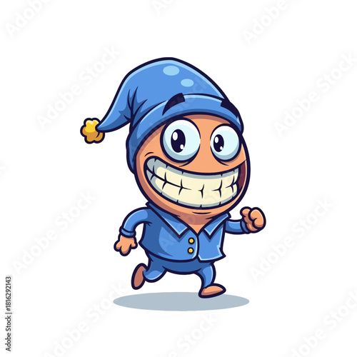 A cheerful cartoon character in blue pajamas and nightcap, with a big grin, running happily.
