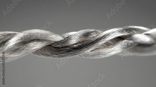Abstract macro photography of a shimmering silver and grey rope.