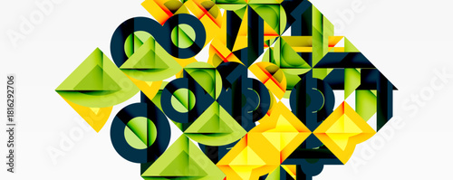 Abstract geometric shapes, vibrant colors, complex design. Green, yellow, black forms create dynamic composition. Modern art style.