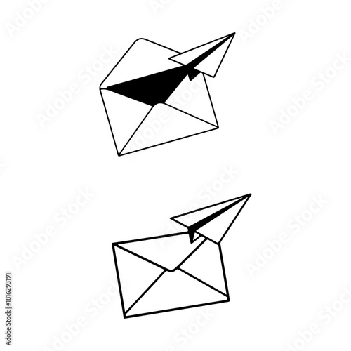 Envelope with a paper airplane flying out of it pure white background