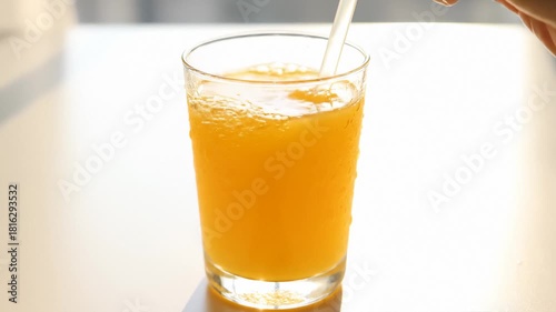 Hand Stirring Orange Juice With Straw in Glass