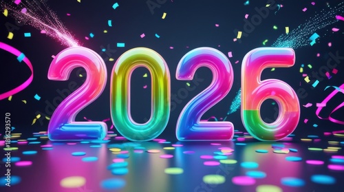 Colorful 2026 numbers with confetti and streamers for new year celebration