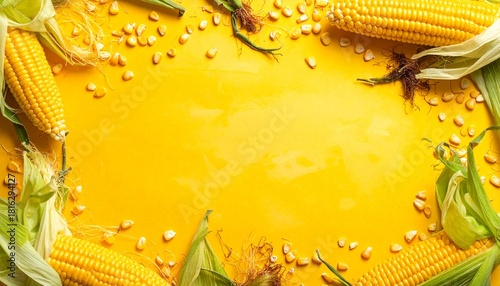 Fresh corn arranged on a yellow background with kernels scattered around for a vibrant culinary presentation