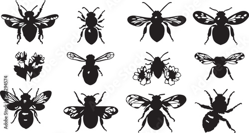 A comprehensive collection of insect silhouettes including butterflies, beetles, ants, spiders, and flies in a seamless vector pattern for nature illustrations