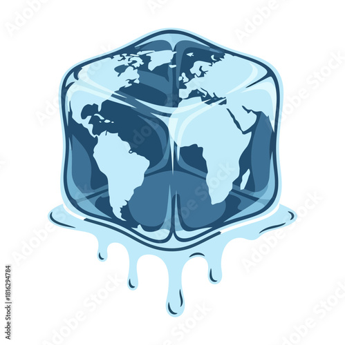 World map encased in melting ice cube representing climate change and environmental concerns globally