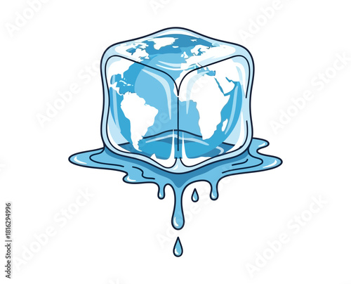 World map encased in melting ice cube symbolizing climate change and global warming awareness campaign