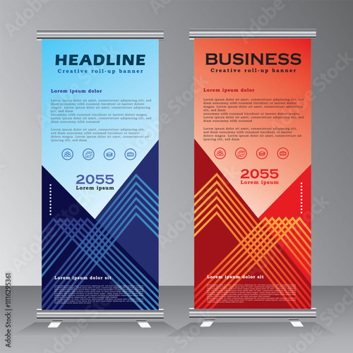 Blue and red line roll up business brochure flyer banner design vertical template vector, cover presentation abstract geometric background, modern publication x-banner, Roll up banner, vector eps.