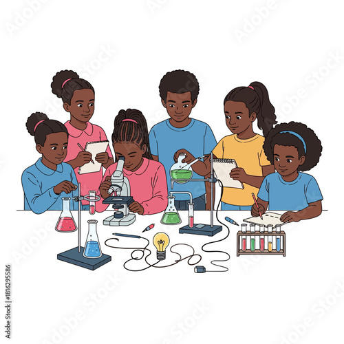 Diverse group of young students engaged in a science experiment.