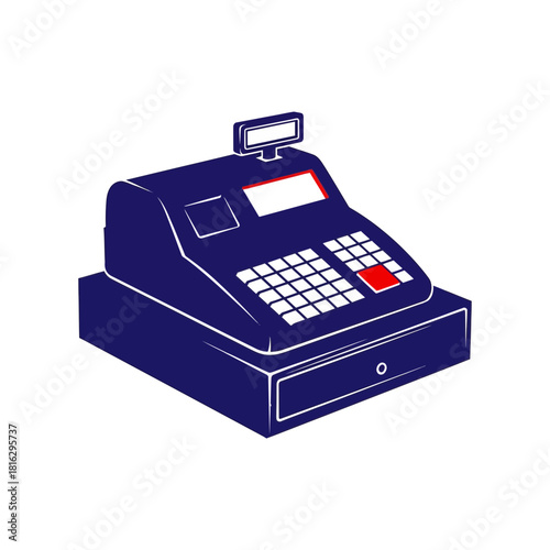 Vintage cash register with red buttons and a small display screen on a black background design