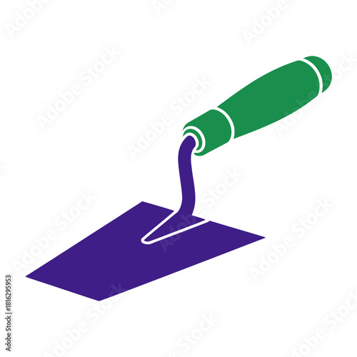 Isometric view of a blue bricklaying trowel with a green handle against a black background design