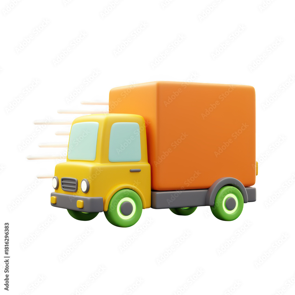 Fototapeta premium Cartoon delivery truck moving fast isolated on transparent background