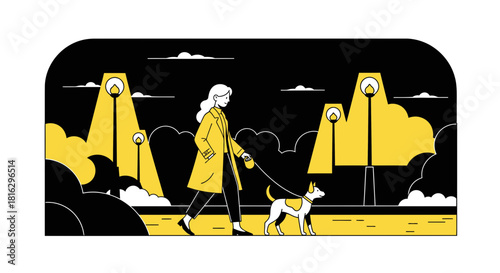 A stylized illustration of a woman walking a dog in a park at night under streetlights