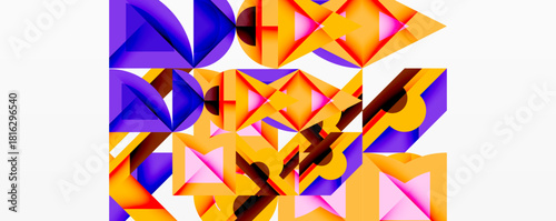 Abstract geometric composition. Shapes overlap, creating vibrant color blocks. Purple, orange, pink dominate design. Modern aesthetic.