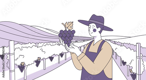 A vigneron proudly showing his harvest on a sunny day at his vineyard countryside