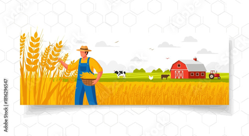 A vibrant illustration showcasing a farmer harvesting wheat on a beautiful farm setting with animals