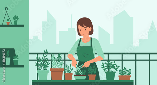 A Woman Enjoying Gardening on Her Balcony with a Cityscape View in the Background