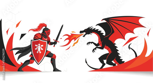 Epic battle of knight versus dragon in a stylized vector illustration showcasing bravery