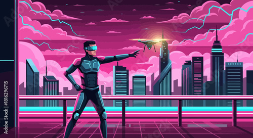 Futuristic cyber city with a man in a suit controlling a drone in the sky high quality