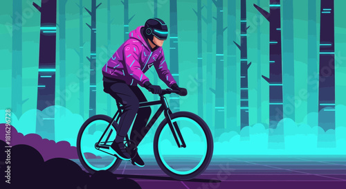 Futuristic cyclist in a neon forest, vector art style featuring a rider in virtual reality helmet
