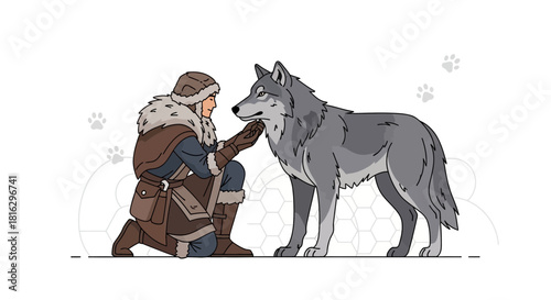 A bond between a man and wolf depicted in a detailed fantasy illustration