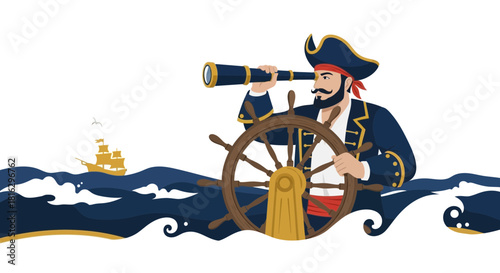 A captivating illustration of a pirate captain navigating the seas with determination and adventure