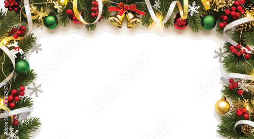 A Christmas border design featuring a festive arrangement of green and red ornaments, gold stars, white ribbons, and snowflakes on a white background.