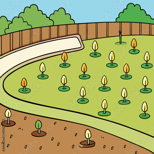 Cartoon illustration of a garden with small sprouts growing in the lawn
