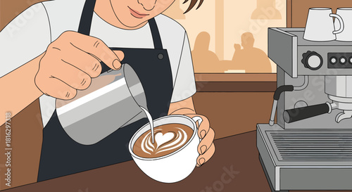 Captivating barista crafting latte art with love in warm, inviting coffee shop atmosphere for cafe advertising