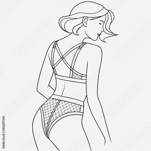 Line art drawing of a woman in stylish, strappy lingerie from behind