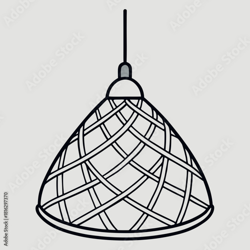 Line art drawing of a woven pendant light fixture with a conical shade