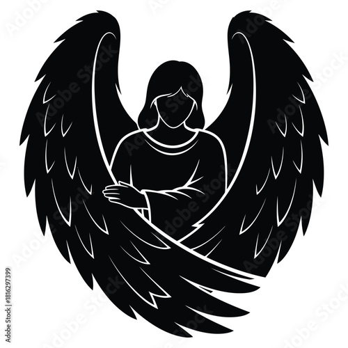 Christmas Black Silhouette of an Angel with Large Feathered Wings and Serene Face illustration