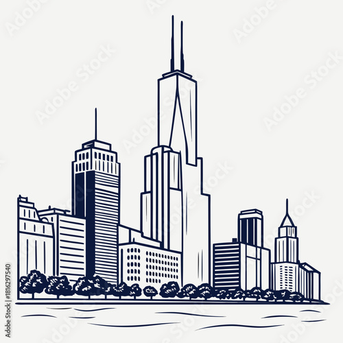 Outline drawing of a modern city skyline featuring tall skyscraper architecture
