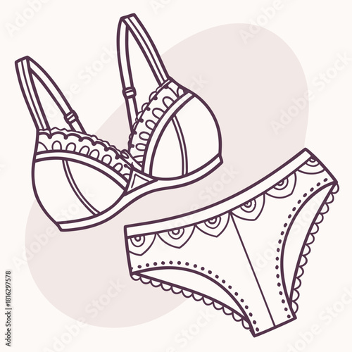 Outline drawing of a delicate lace bra and matching panty set
