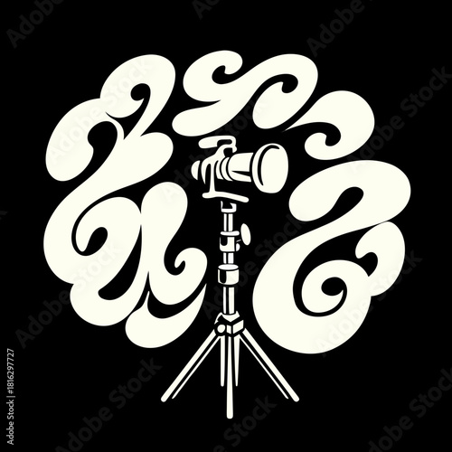 Stylized graphic design featuring a camera on a tripod within flowing shapes
