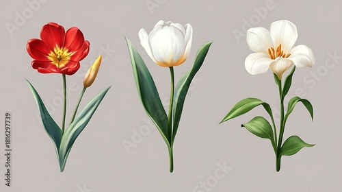 Three colorful spring flowers with green stems and leaves