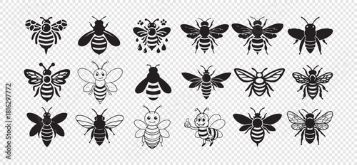 Set of various bee icons isolated on transparent background bumblebee hornet honeybee wasp bug