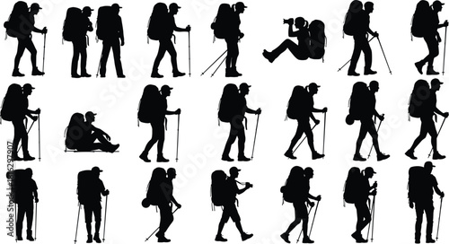 Hiking people silhouettes collection with backpacks walking trekking and resting isolated on white background vector illustration