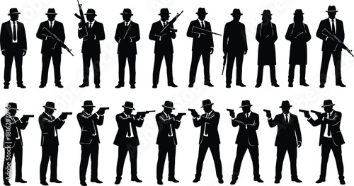 Mafia gangster silhouettes in suits holding guns and pistols isolated on white background vector set.