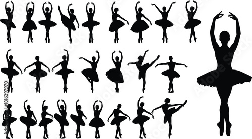 Set of beautiful ballerina silhouettes dancing in tutus on pointe isolated on white background vector.