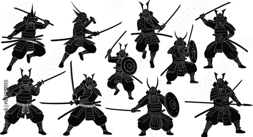 Vector set of ancient Japanese samurai warriors wearing armor fighting with swords and shields in black silhouette isolated on white.