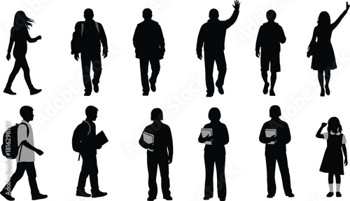 Vector collection of diverse people silhouettes including walking students and adults with backpacks showing active clipping path selection outline set.