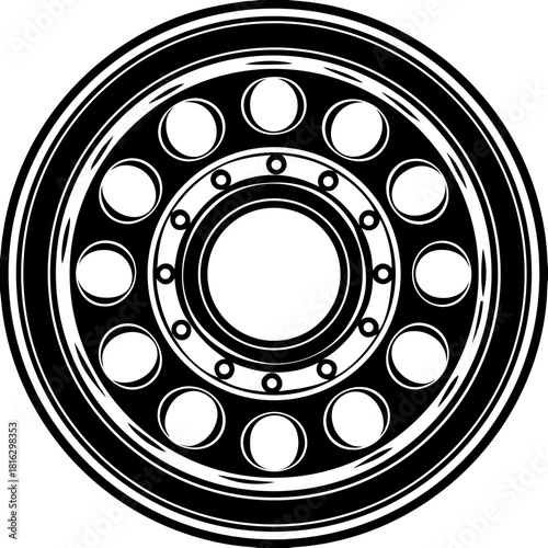 Black and white graphic illustration of a stylized vehicle wheel rim
