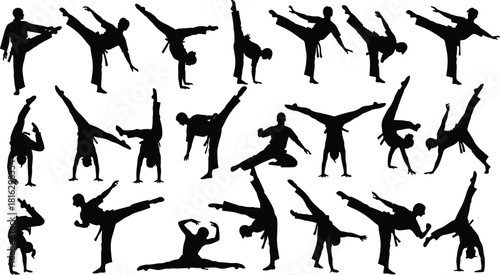 Vector silhouette set of martial arts fighters performing high kicks punches and acrobatic stunts wearing traditional uniforms on white background.