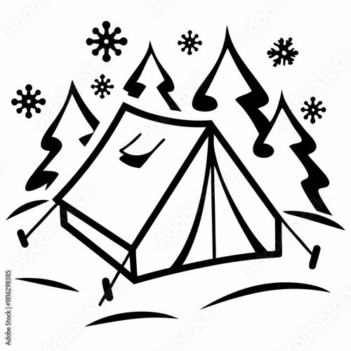 Black and white line art of a winter tent camping scene with trees