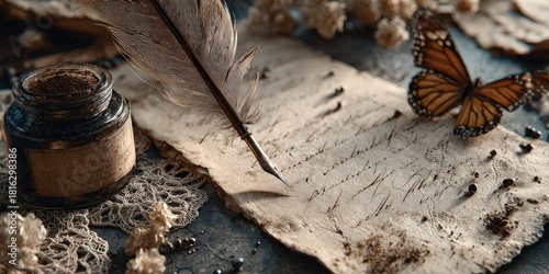 old letters, handwritings, vintage postcards and antique feather pen. nostalgic sentimental background with butterfly. retro style toned picture
